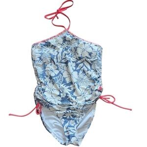 Gossip juniors one piece blue and white tropical print swimsuit with coral trim